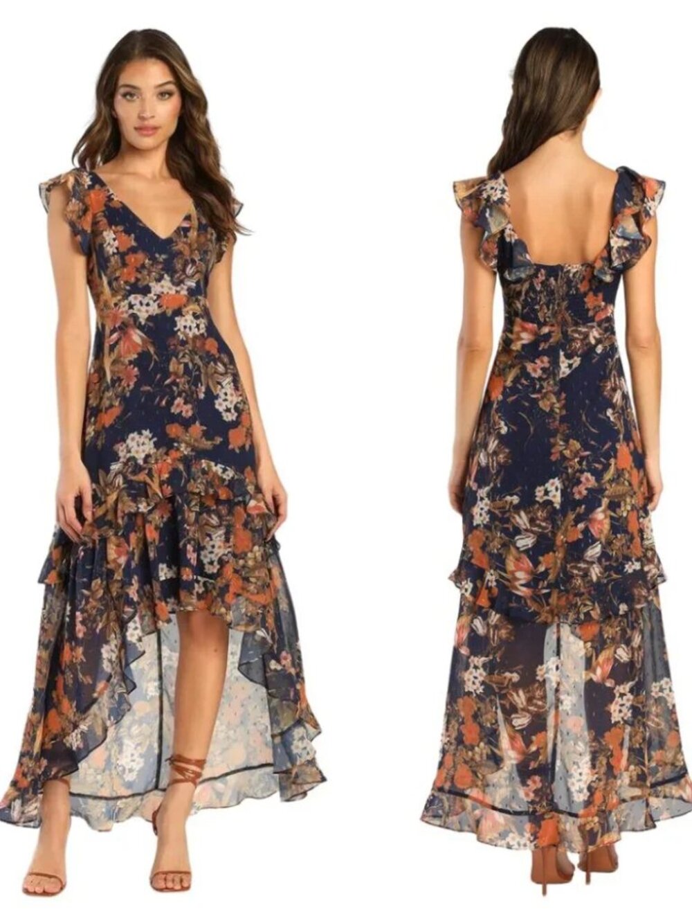 Lulus Stunning Favorite Navy Blue Floral High-Low Maxi Dress XL Lurex Boho